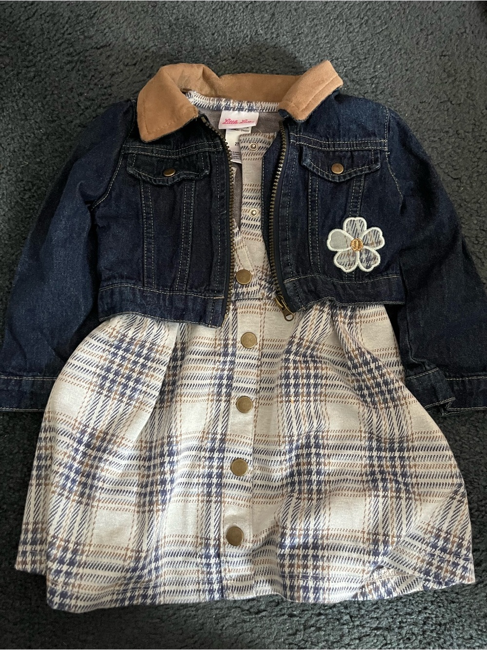 Little Lass Navy Denim Jacket with Tan Collar & Cream Plaid Dress
